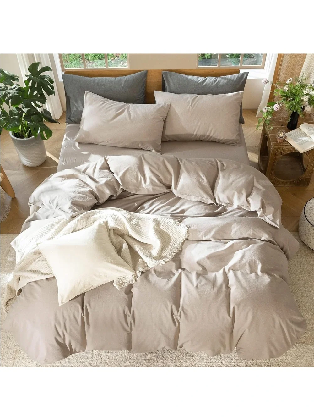 NEW MooMee Bedding Duvet Cover Set 100% Washed Cotton Linen Like. Taupe, Queen.